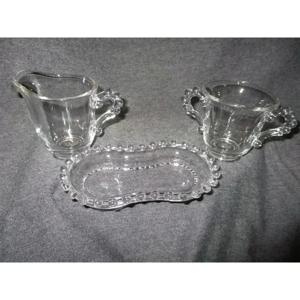 Sugar/Cream with Tray‎ Vntg Imperial Glass Candlewick  kitchenware knobby clear